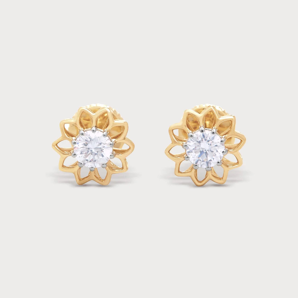 Gold Lotus Lab-Grown Diamond Stud Earrings in 18K Yellow Gold